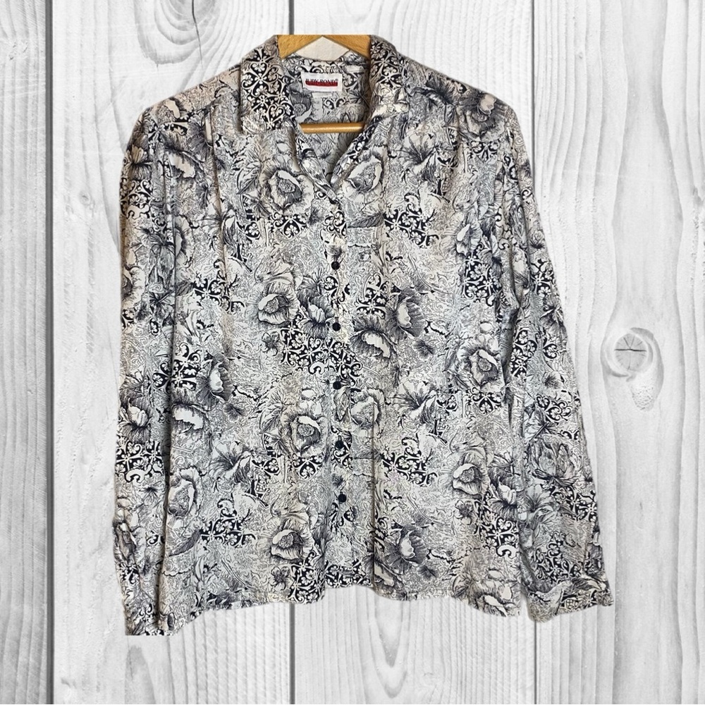 Floral Print Button-Down Shirt in Black & White sz 16 office church lightweight